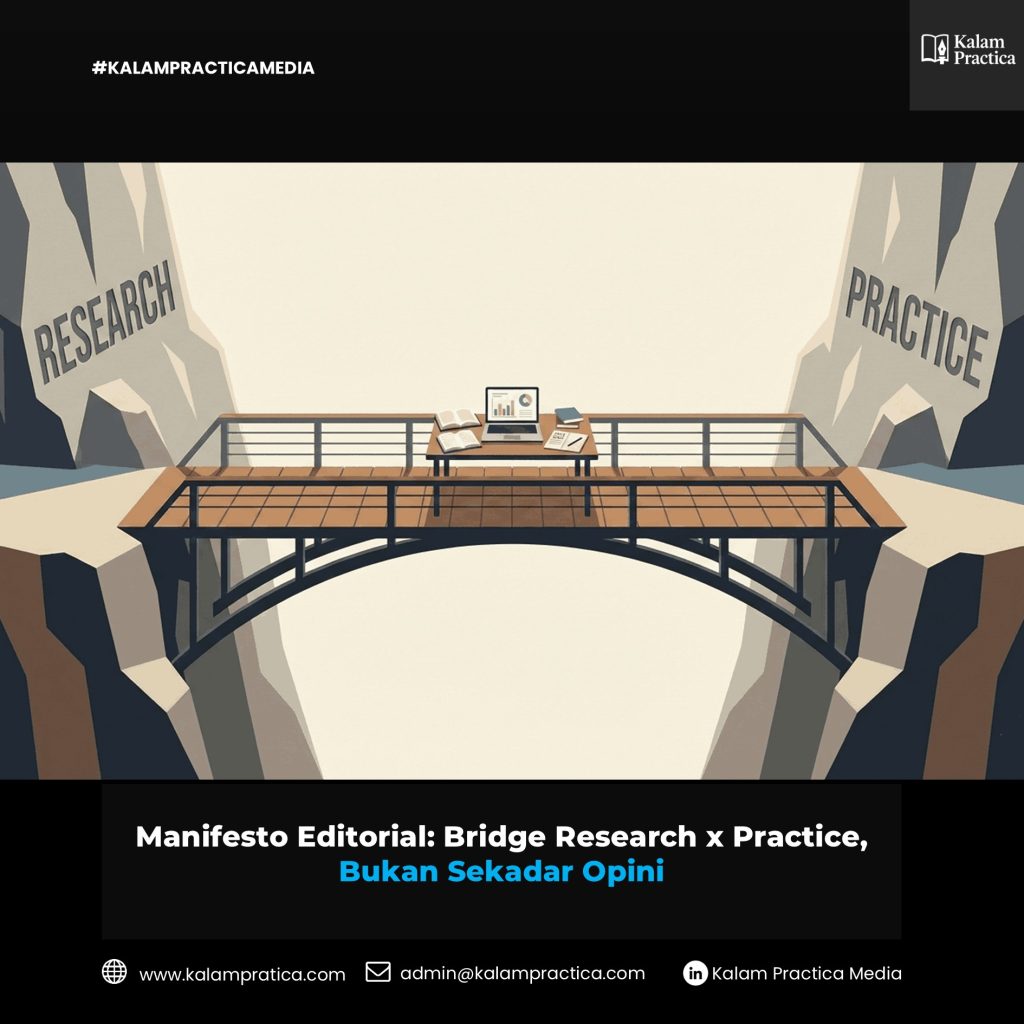 Manifesto editorial Kalam Practica Media untuk menjembatani riset dan praktik: standar tulisan berbasis bukti, kolaborasi peneliti-praktisi, dan arah publikasi jurnal yang kredibel.