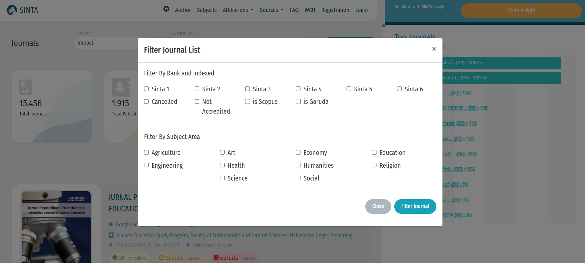 Cek Journal SINTA melalui filter